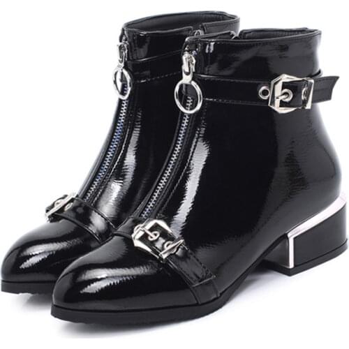 2022 New Punk Front Zipper Double Belt Metal Buckles Boots Women Shiny Patent Leather Comfort Mid-Heeled Boots Navy Blue Shoe 43
