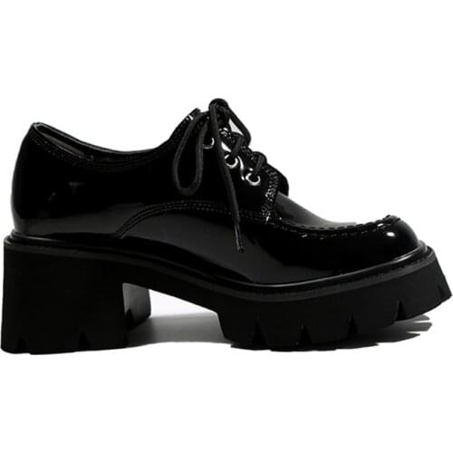 MORDOAN Platform Shoes Women Patent Leather Genuine Cow Leather Lace-Up Square Toe Ladies Mid heel Shoes