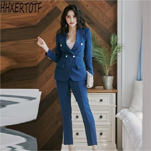 Autumn winter 2 Pieces Set Women Double breasted V neck Blazer + Long Pant Women Pant Suits Female Occupation Suit