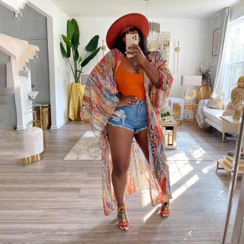 RMSFE 2021 Women Long Sleeved Printed Chiffon Cardigan Loose Sunscreen Beach Sunscreen Blouse Outwear