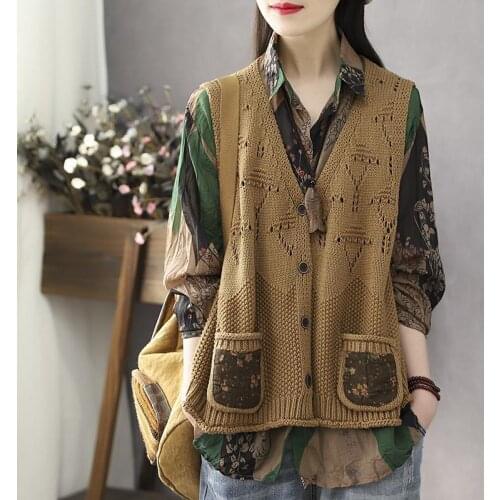 Retro hollow Korean knitted vest female spring and summer fashion new style all-match single-breasted cardigan top Western style