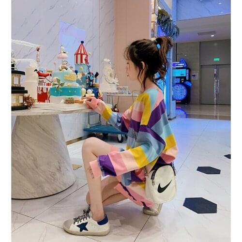 Coat long sleeve female loose, new spring and autumn rainbow striped top clothes