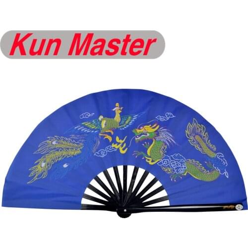Bamboo Kung Fu Fighting Fan, Martial Arts Practice Performance Fan,Wu Shu Fan, Dragon And Phoenix(blue)