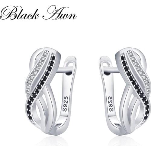 Black Awn Hoop Earrings for Women Classic 925 Sterling Silver Trendy Spinel Engagement Fine Jewelry I211