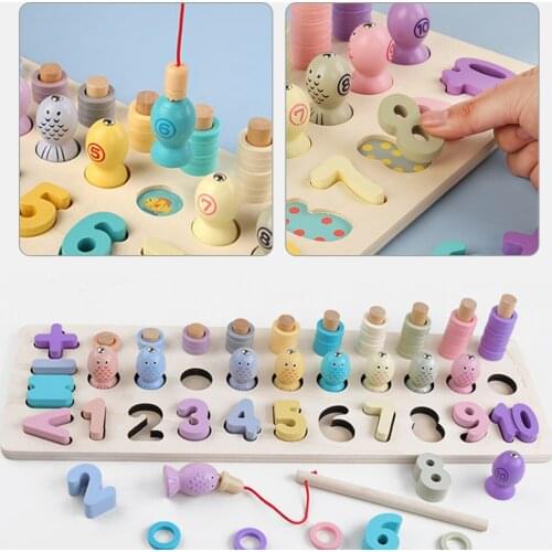 Wooden 3 in 1 Fishing Matching Toys Puzzle Count Number Geometric Shape Matching Sorter Games Board Children Toy dropshipping#38