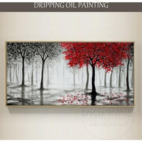 Cheap Price High Quality Artist Hand-painted Modern Forest Landscape Oil Painting Wall Art Forest with Red Tree Oil Painting
