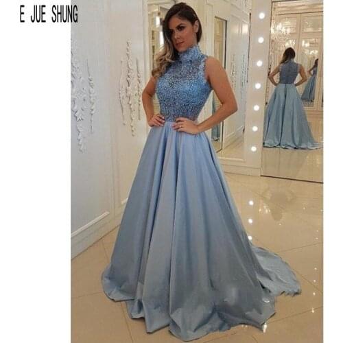 E JUE SHUNG Modest Blue Evening Dresses High Neck Zipper Back Lace Party Prom Gowns Satin Formal Dresses vestidos de fiesta