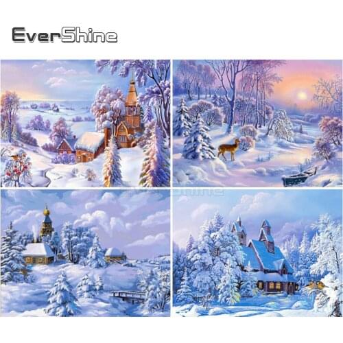 EverShine Diamond Embroidery Scenery Picture Rhinestone Full Display Diamond Painting Lodge Diamond Mosaic Winter Snow Landscape
