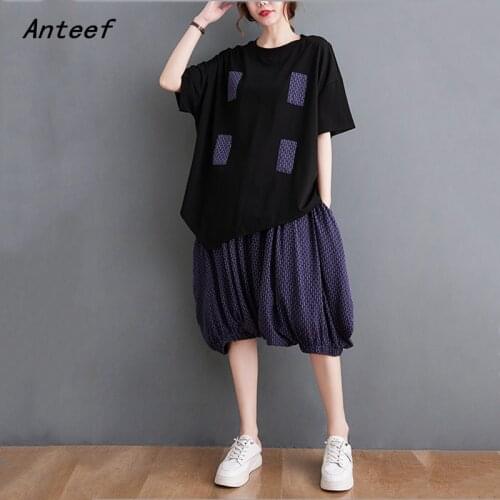 Cotton vintage summer casual 2 two piece set loose tee t shirt women t-shirt ladies tshirt 2021 tops wide leg pants