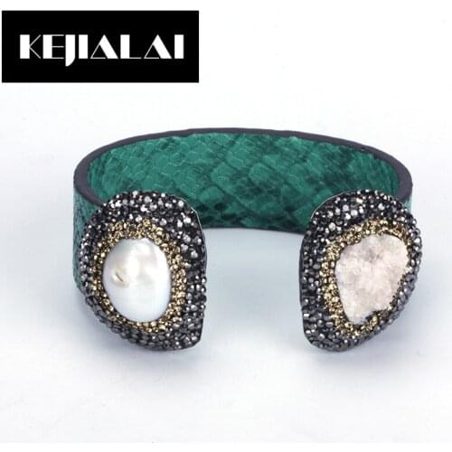 KEJIALAI Boho Punk Bangle Cuff Two Gems Natural Leather Wrap High Quality Leather Bangle Fresh Water Pearl with Rhinestone Gift