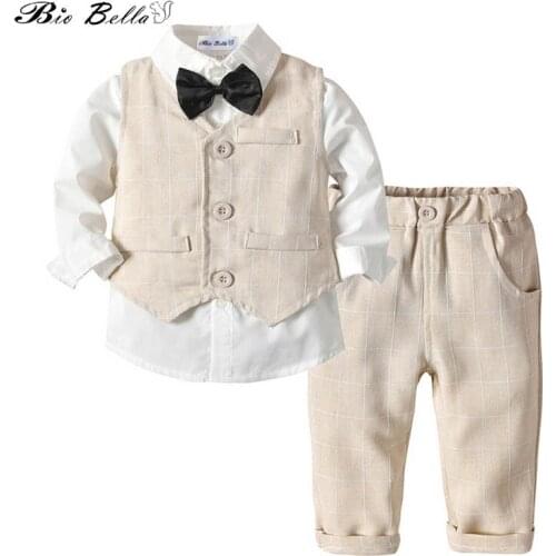 Gentle Boys Clothing Sets Children Clothing Set Kids Boy Clothes White Shirts+Vest+Pant Gentleman Formal Suit With Neck Tie