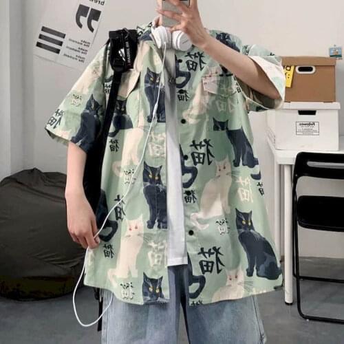 Summer Blouse Japanese Short-sleeved Shirts Men Women Half-sleeved Shirt Cat Printing Students Loose Casual Retro Clothes Tops