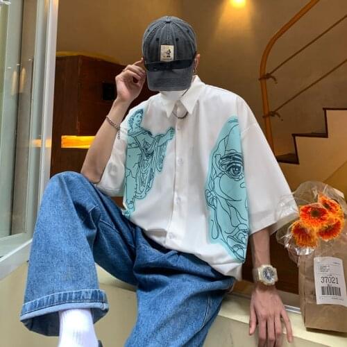 2021 Summer Mens Short Sleeve Cartoon Printing Loose Casual Shirts High Quality Fashion Trend Lapel Collar White Color Shirts