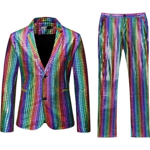 Mens Rainbow Plaid Sequin Glitter Tail Coat Stage Singer Costume Homme Wedding Groom Prom Tuxedo Suits Men Suit (Jacket+Pants)