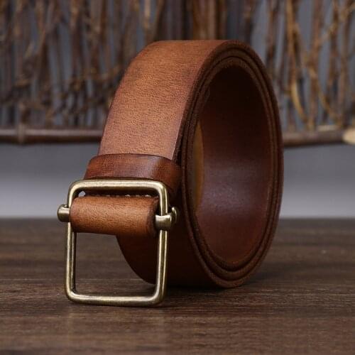 No Hole Belt Thick Cowhide Belt Mens Pure Copper Button Top Cowhide Casual Jeans Belt High Quality Retro Luxury Men Belt