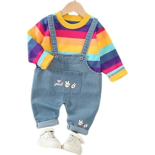 New Spring Kids Clothing Children Striped Cotton T-Shirt Overalls 2Pcs/Sets Autumn Baby Girls Clothes Toddler Casual Sportswear