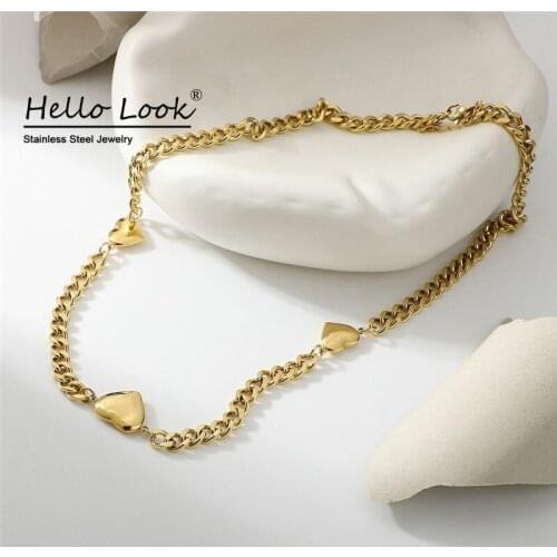 Hellolook New Design Peach Heart Clavicle Necklace Three Gold Love Heart Chokers Necklace Cuban Chain Necklace for Women