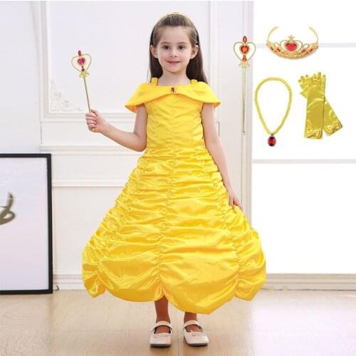 Halloween Cosplay Belle Princess Dress Girls Dresses For Beauty and the beast Kids Children Party Clothing Magic stick crown