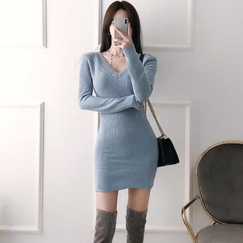 S-XL Plus Size Spring ELegant Korean Sweet Dress Women Bodycon Sexy V-neck Knitting Dresses Ladies Mini Dress Female Vestidoes