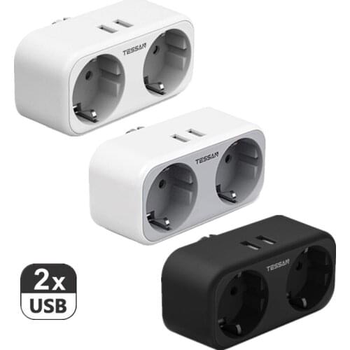 TESSAN USB Power Strip with 2 USB Ports and 2AC Outlets Wall Socket 100~250V 16A EU Standard Plug Adaptor for Home Office Travel