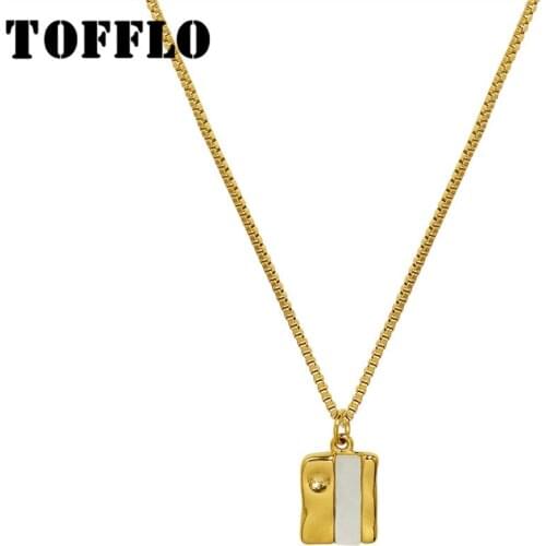 TOFFLO Stainless Steel Jewelry White Sea Shell Square Pendant Necklace Women Simple Elegant Chain BSP1094