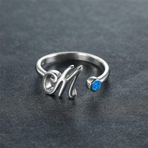 Vintage Rose Gold Silver Color Engagement Ring Fashion Blue White Opal Wedding Ring Cute Female Letter M Opening Rings For Women