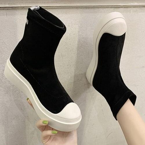 Flock Slip on botas mujer platform boots 2020 height increasing chelsea boots thicken soled stretch sock boots women shoes 35-40