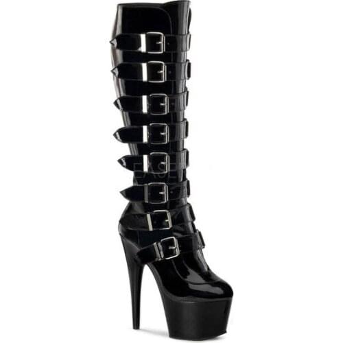 Nightclub Womens Boots Pole Dance Shoes Belt Buckle Boots 15cm High Heel Large Size Patent Leather Solid Girl Model Training