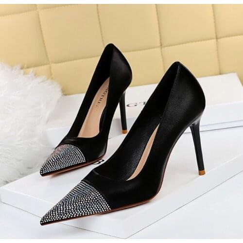 2021 Sexy Women 9.5cm High Heels Pumps Lady Leather Crystal Pointed Cap Toe Heels Female Stiletto Escarpins Wedding Bridal Shoes