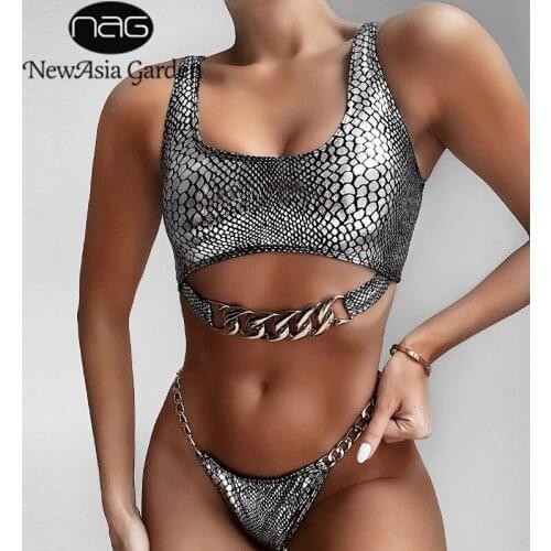 NewAsia Snake Skin Sexy Swimwear Women Chain Thong Bikini Set Bandage Bikinis Hollow Swimsuit Female Biquini 2020 Bathing Suit