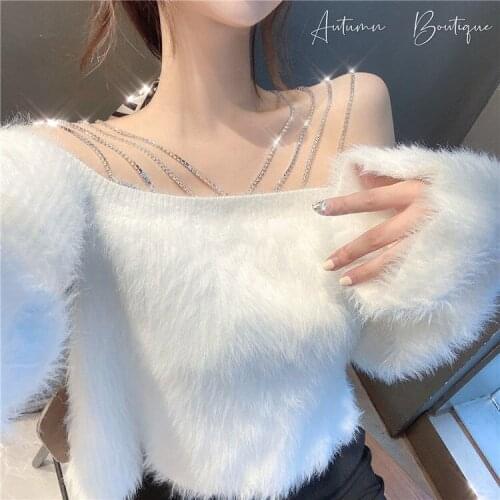 Knit sweater womens 2021 autumn and winter new temperament sexy off-the-shoulder top drill strip loose hedging long
