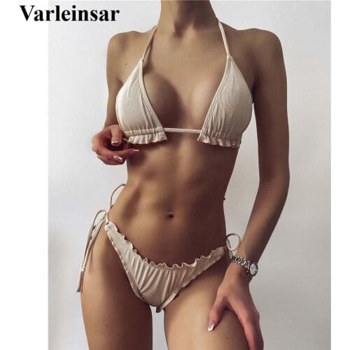 Ruffled Frilled Brazilian Bikini Women Swimwear Female Swimsuit Two-pieces Bikini set Halter Bather Bathing Suit Swim Lady V2817