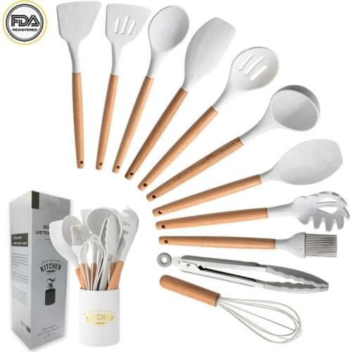 10/11PCS White Premium Silicone Utensils Set Non-Stick Spatula Shovel Wooden Handle Cookware Set With Storage Box Kitchen Tools
