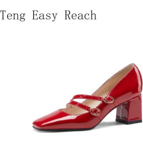 2021 Patent PU Leather Plaid Red Buckle Strap Lady Office Pumps Block 6cm High Heeled Womens Shoes Mary Janes Pumps Size 43 45