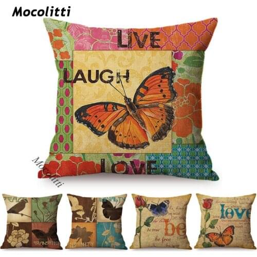 Butterfly Pattern Cushion Cover Vintage Painting Rose Flowers Poster Design Home Decorative Cotton Linen Sofa Throw Pillow Cases