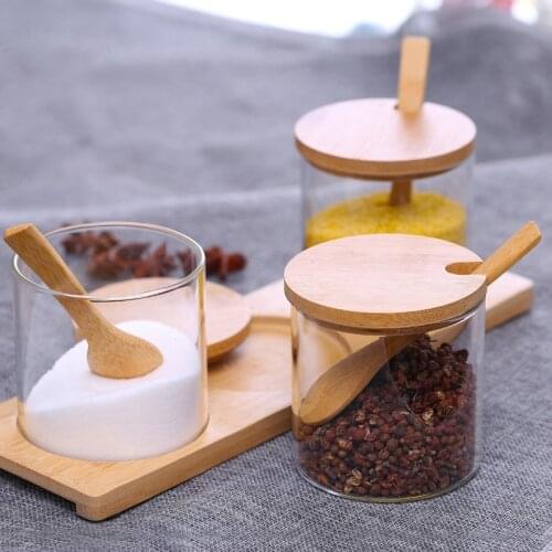 Condiment Jars with Lids and Spoons, Set of 3 Spice Jars Kitchen Transparent Condiment Salt Pepper Storage Containers