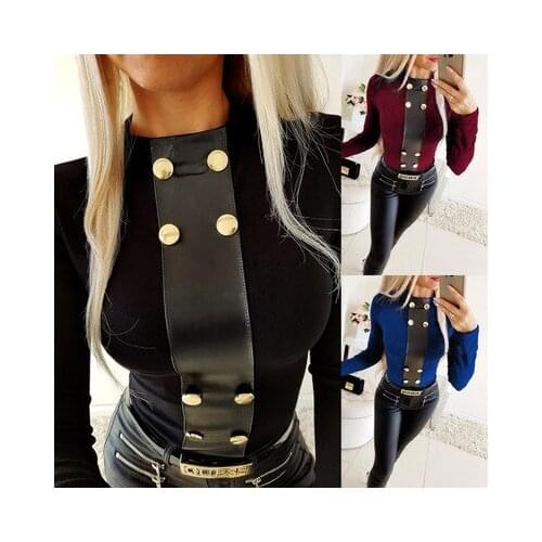 Elegant Womens T-Shirts for Streetwear Patchwork Design Button Decor O-Neck Long Sleeve Solid Autumn Winter Slim Pullovers Top