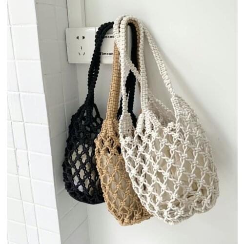 2021 New Cotton Thread Knitted Women Bucket Handbags Ladies Net Hollow Bag Sets Korean Female Woven Shoulder Bag Sets Whole Sale