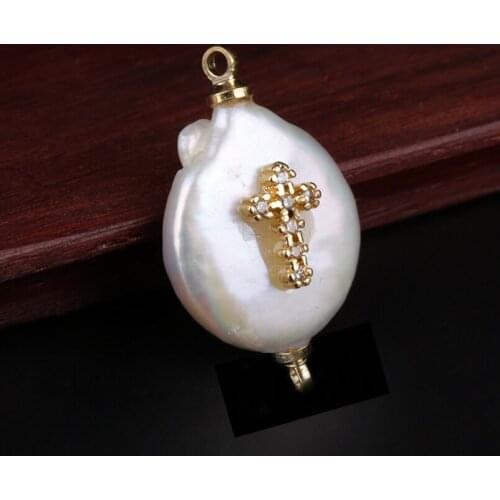 Tiny white clear cz zircon religious cross charm real freshwater pearl connector pendant bead for jewelry DIY choker