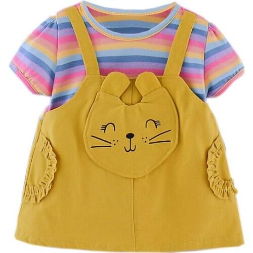 Summer baby dress children clothing kids girls dresses infant lace kitten pocket color strip short-sleeved costume toddler dress