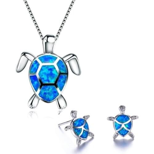 Fashion Jewelry Set Womens Necklaces With Earrings Cute Turtle Blue Imitation Fire Opal Pendant Necklace/Earrings For Women