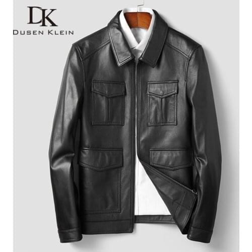 Men Genuine Leather Jacket Real Cow Leather Jackets Casual Short Black Pockets 2020 Autumn New Coat for Man N2216