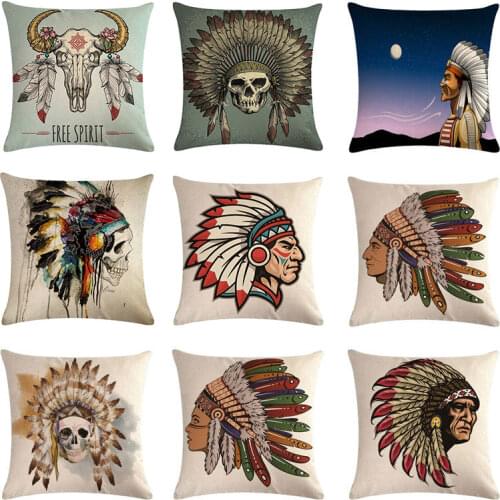 45x45cm Feather Pillow Covers Indian American Native Chief Head Man Pillowcase Home Decor Bedroom Cushion Cover