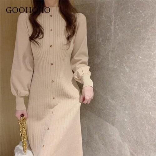 GOOHOJIO 2021 New Autumn and Winter Lantern Sleeve Women Dress Knitting All-match Dresses for Women Half High Collar Women Dress