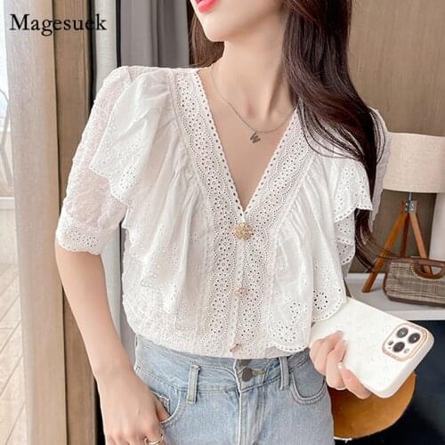 New 2021 Summer Sweet Lace Women Tops Fashion V Neck Cotton Button Up Shirt Women White Blouse Short Sleeve Ruffle Clothes 14197