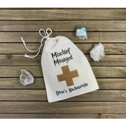 Personalize text Mischief Managed Bachelorette wedding Hangover relief Kits Jewelry gift Bags muslin pouches gift bags