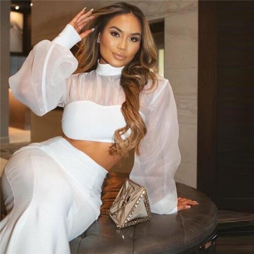 Sexy Mesh Patchwork Bandage 2 Two Pieces Set Women Long Sleeve Short Crop Top New Fashion High Waist Ladies Skirts Party Club