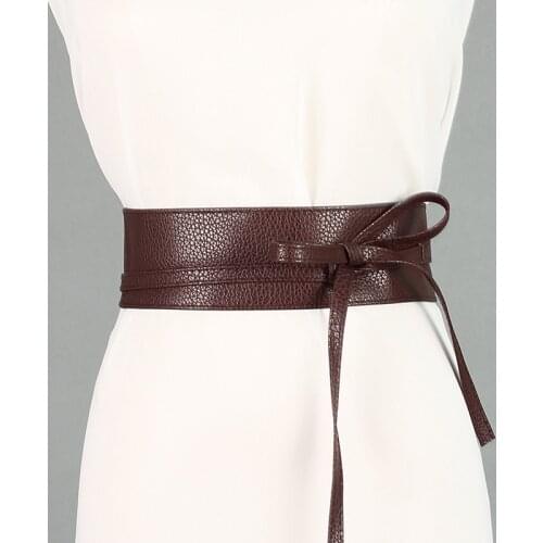2020 New Women Fashion Solid Color Soft Faux Leather Wide Long Belt Self Tie Wrap Around Waist Girdle Dress Belts Bow Waistband
