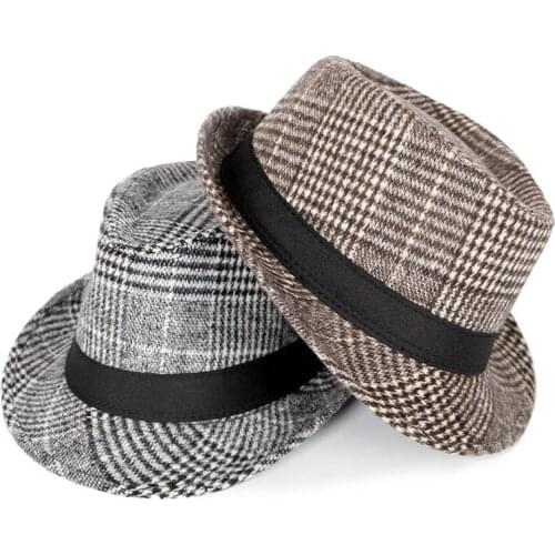 New 2020 Winter Fedoras Men Vintage Plaid Print Faux Wool Fedora Hat Short Sleeve Felt Top Mens Jazz Hats Gentleman