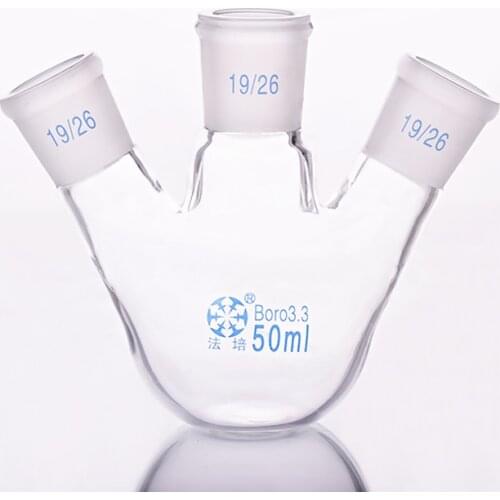 Three-necked flask oblique shape,with three necks standard grinding mouth,Capacity 50ml 19/26,Three-necked flat bottom flask